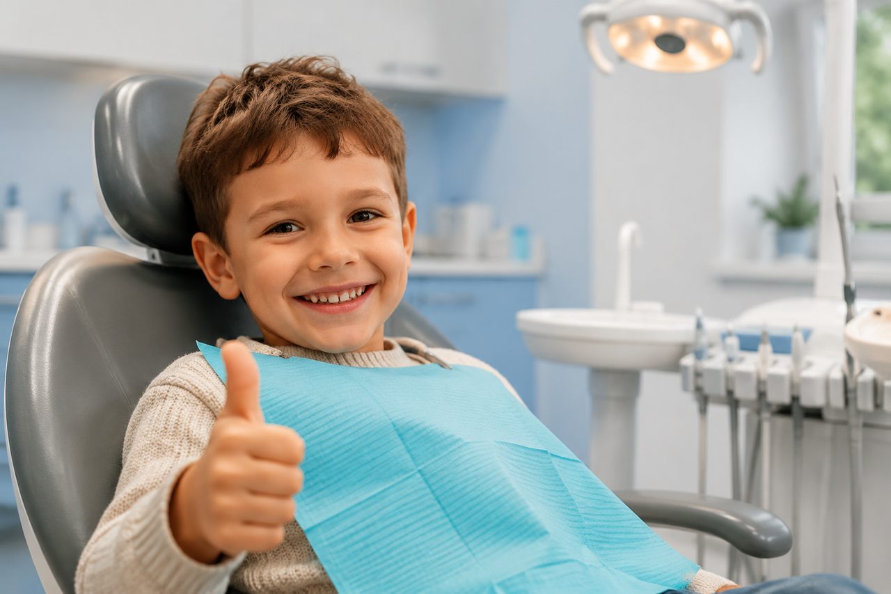 Happy child giving a thumbs up during a dental visit in Lowell, MA