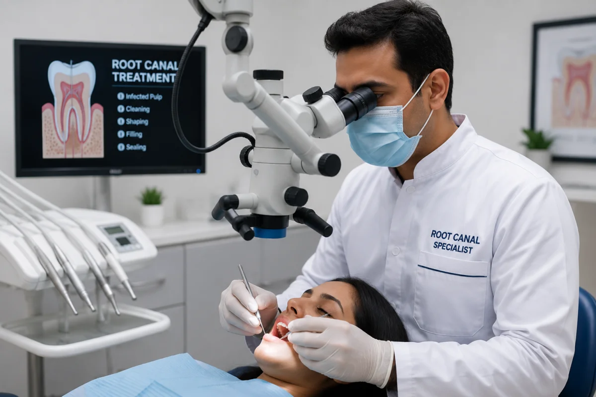 Dentist performing gentle root canal treatment with a dental microscope